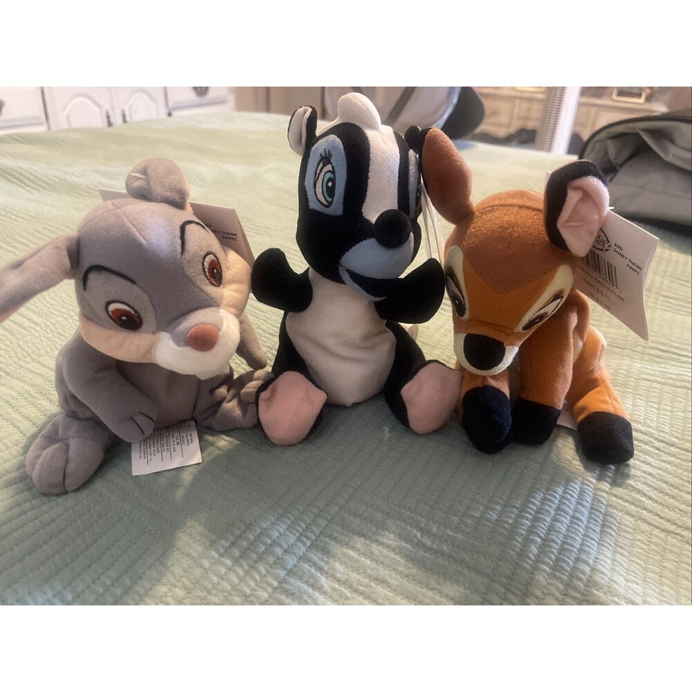 Vintage Disney Store Bean Bag Plush Lot Bambi Thumper Flower 90s W/Original Tags